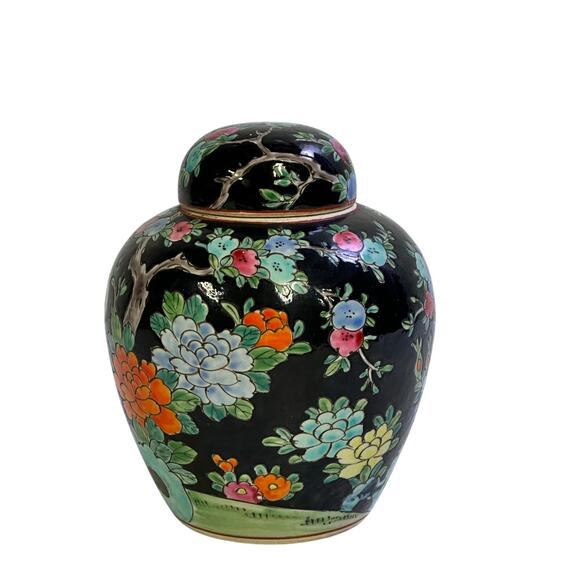 Japan MidCentury Vintage Porcelain Famille Noire Style Floral Peacock Ginger Jar - Picture 2 of 9